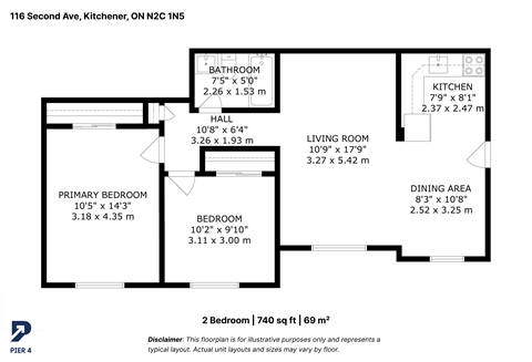 Floor plan for 2 beds, 1 bath, 740 sqft